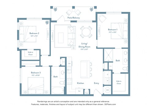 Floor plan for 3 beds, 2 baths, 1307 sqft
